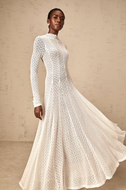 Athena wavy-pattern lace maxi dress in White