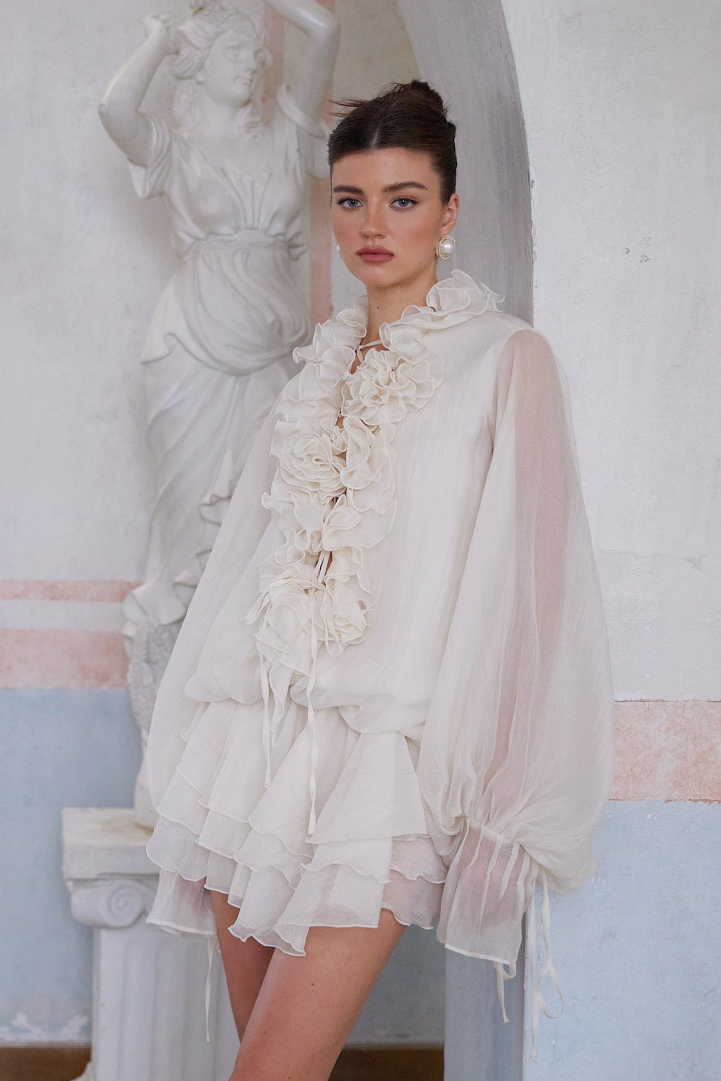 Zéphyrine floral-appliqué tiered mini dress in Neutrals