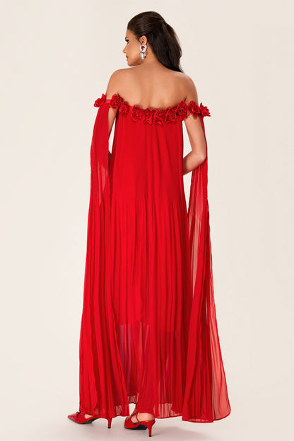 Solid 3D Floral Off-Shoulder Midi Dress