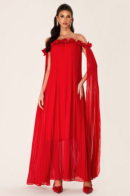 Solid 3D Floral Off-Shoulder Midi Dress