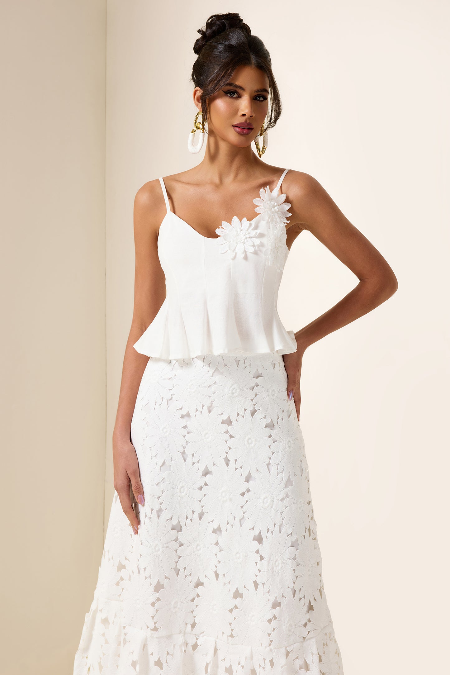 3D Floral Top ＆ High Waist Embroidered Skirt Set