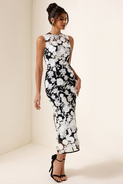 3D Flower Round Neck Sleeveless Midi Dress