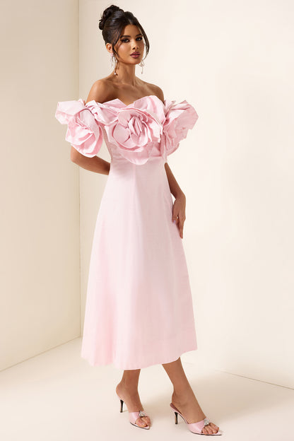 3D Flower Solid Off-Shoulder Midi Dress