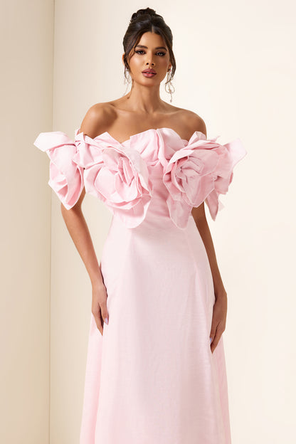 3D Flower Solid Off-Shoulder Midi Dress