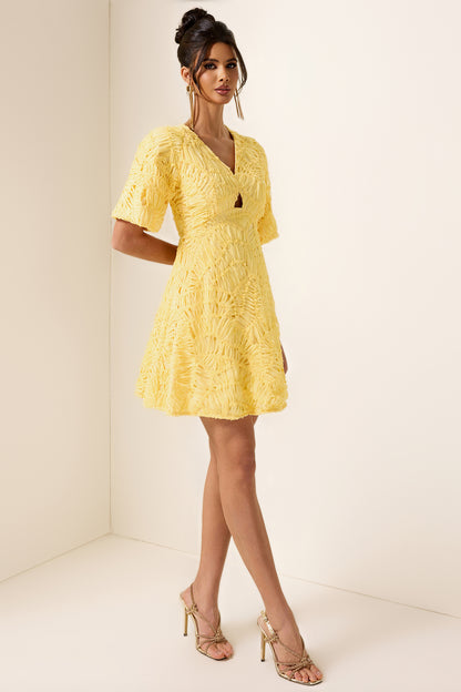 Cut-Out V-Neck Puff Sleeve Mini Dress