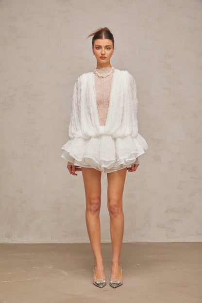 Isoline white semi-sheer lace top & shorts & dress matching set