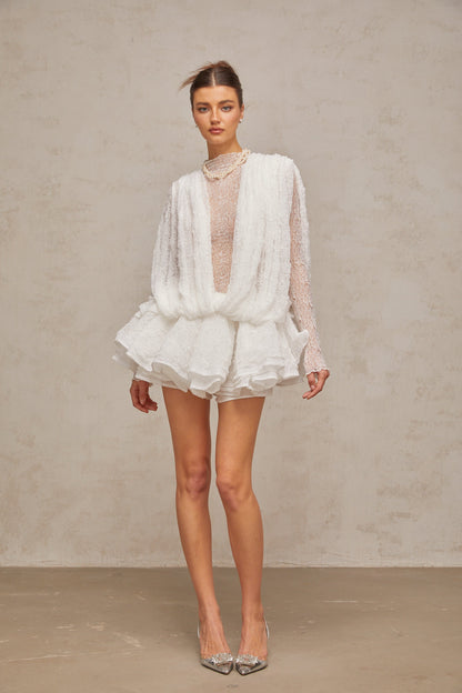 Isoline white semi-sheer lace top & shorts & dress matching set