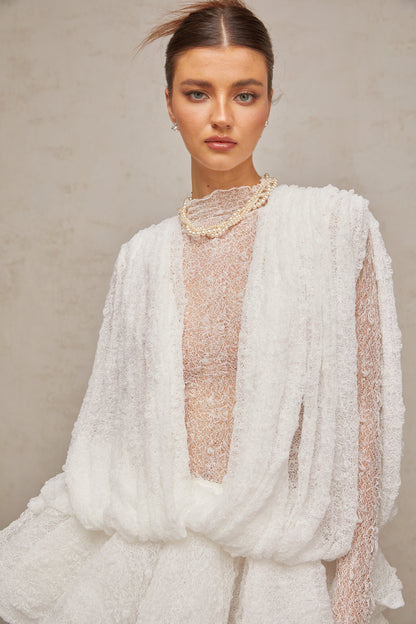 Isoline white semi-sheer lace top & shorts & dress matching set