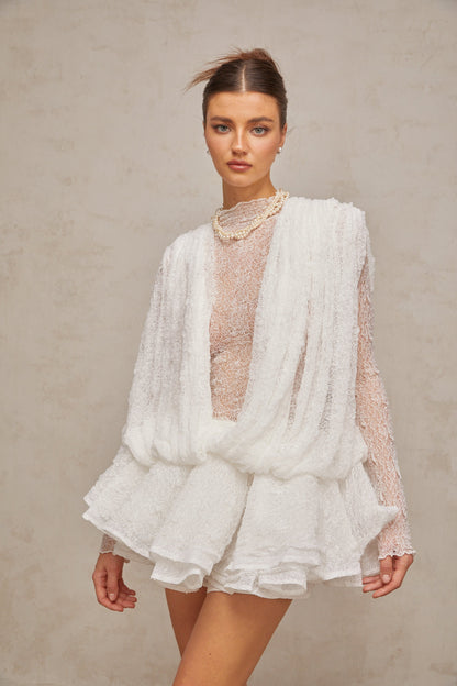 Isoline white semi-sheer lace top & shorts & dress matching set