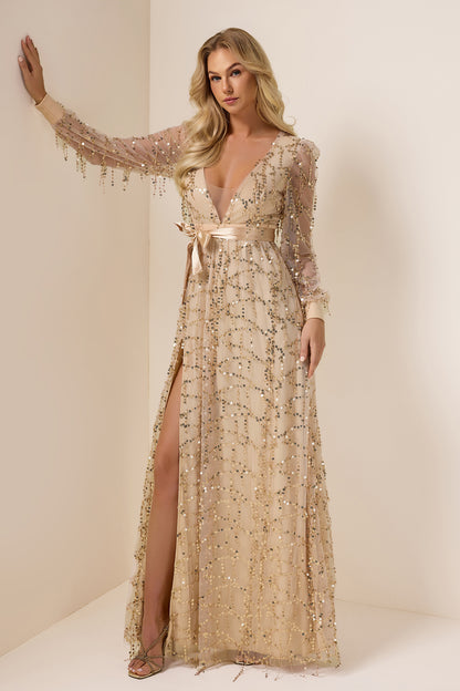 Sequin V-Neck Split Midi Dress With Belt