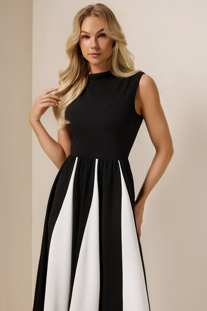 Contrast Color Round Neck Sleeveless Midi Dress