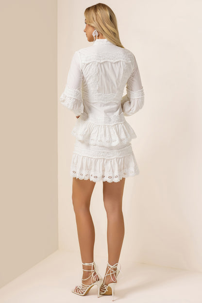 Solid Lace Ruffle Lantern Sleeve Mini Dress