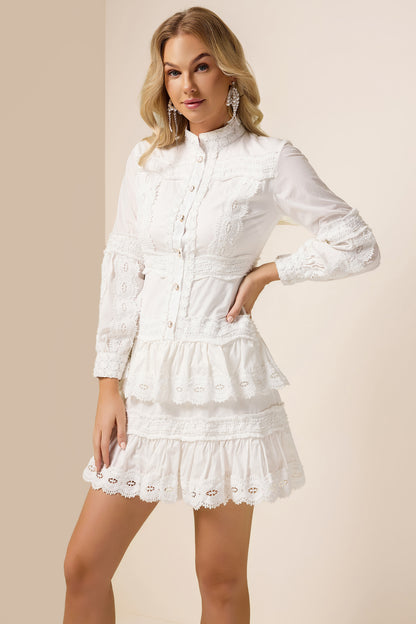 Solid Lace Ruffle Lantern Sleeve Mini Dress
