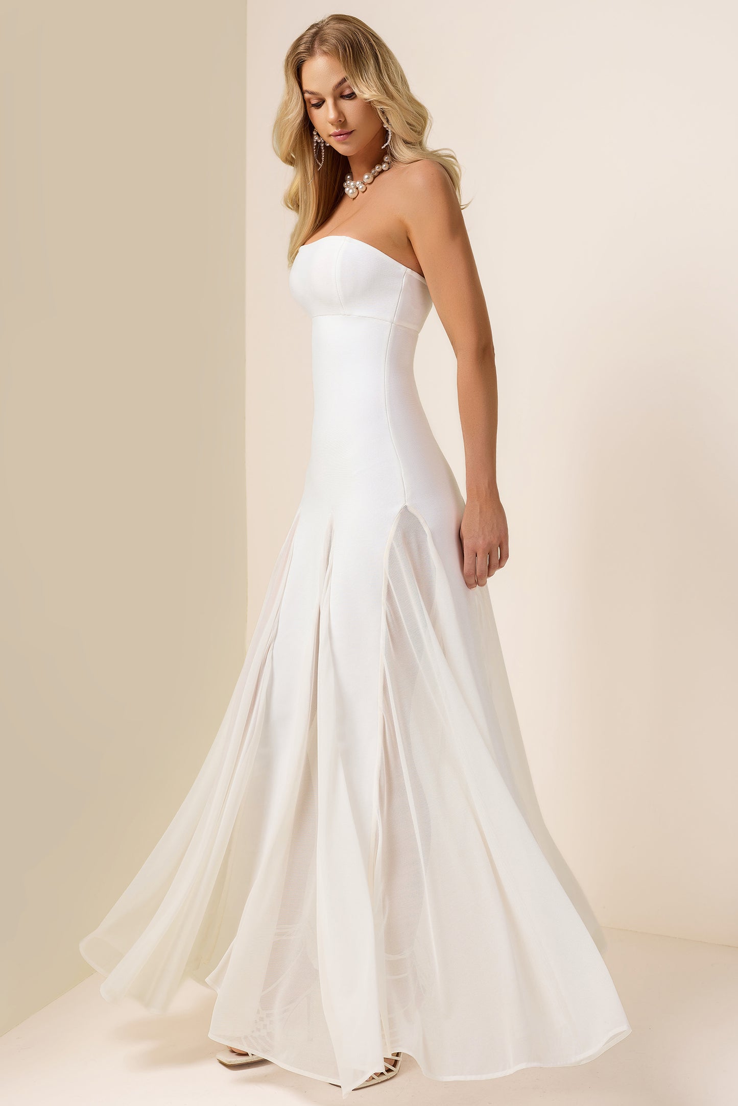 Off-Shoulder Solid Mesh Maxi Dress