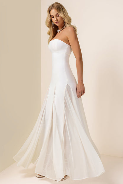 Off-Shoulder Solid Mesh Maxi Dress