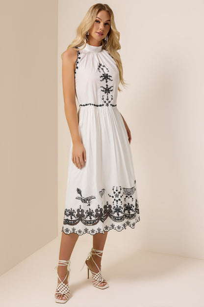 Halter Neck Embroidery Sleeveless Midi Dress