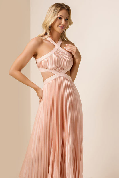Pleat Cut-Out Halter Neck Maxi Dress