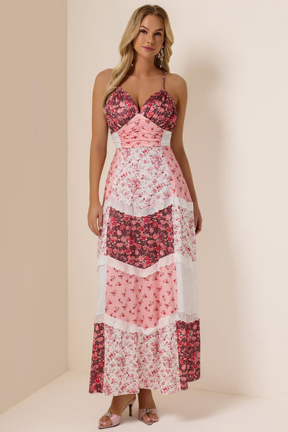 Floral Splicing Frill Midi Dress