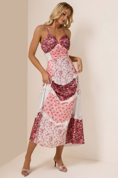 Floral Splicing Frill Midi Dress