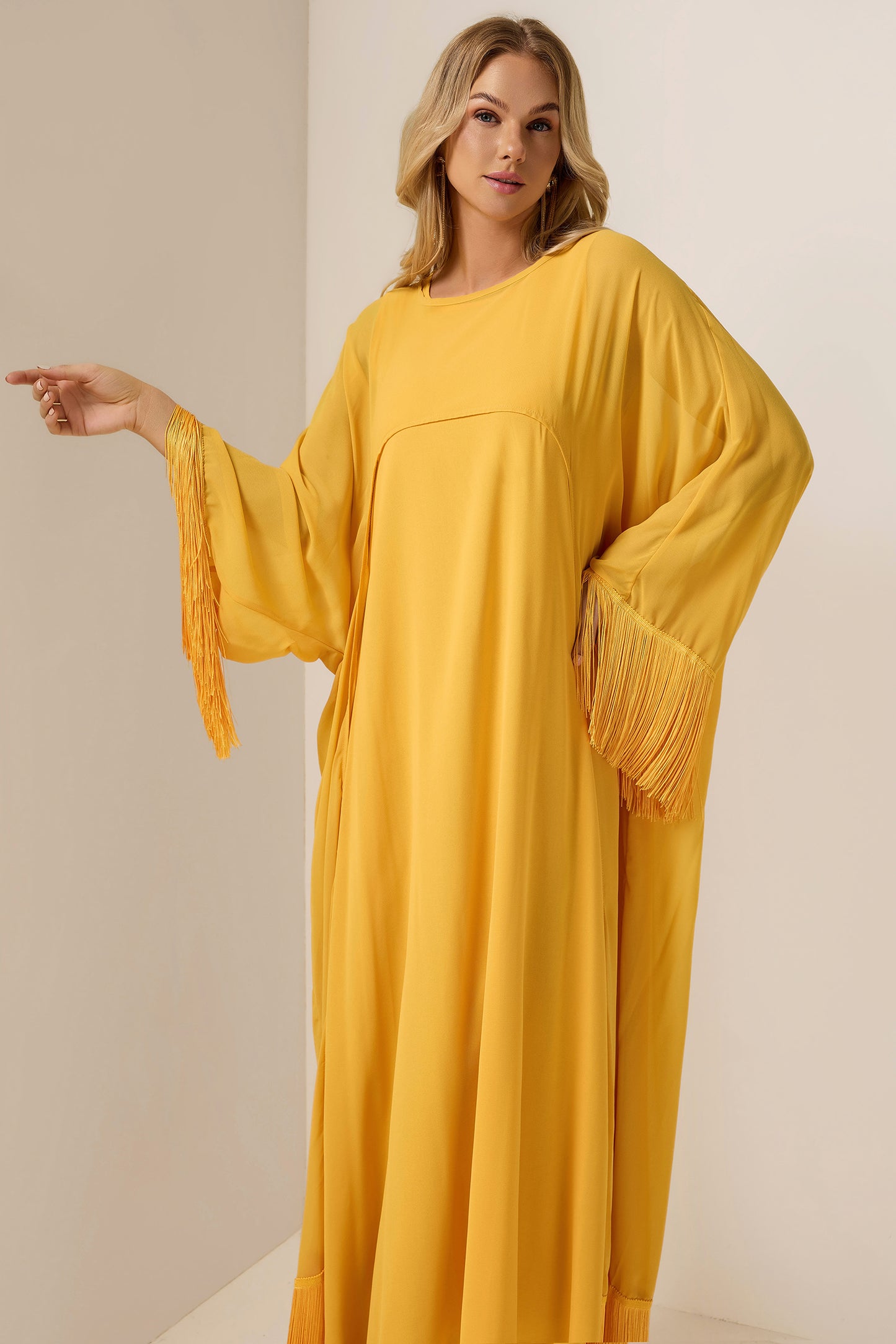 Tassel Cape & Solid Chiffon Midi Dress Set