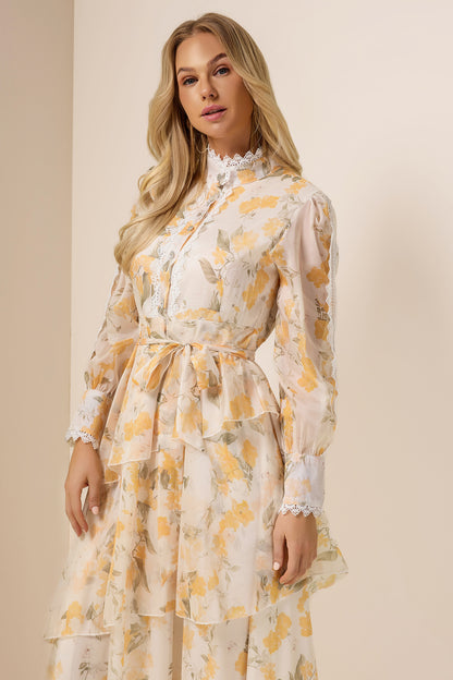 Lace Splicing Chiffon Lace-Up Ruffle Midi Dress