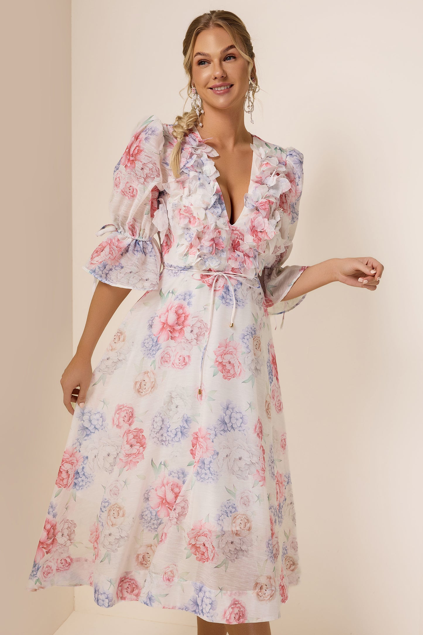 3D Flower Floral Lantern Sleeve Midi Dress