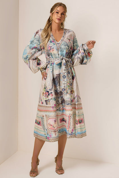 Rhinestone Floral V-Neck Midi Dress