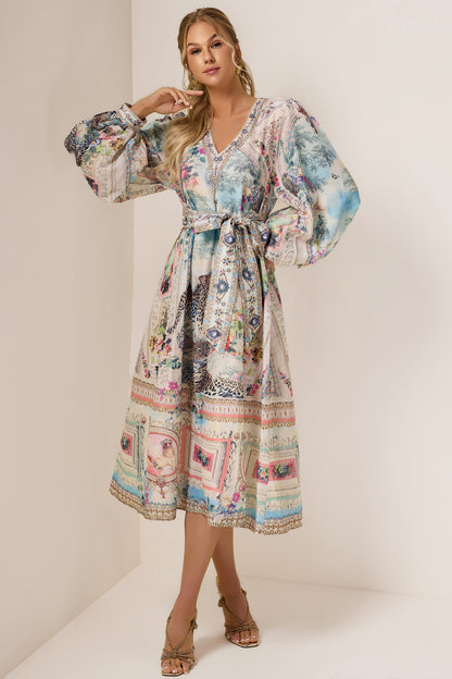 Rhinestone Floral V-Neck Midi Dress