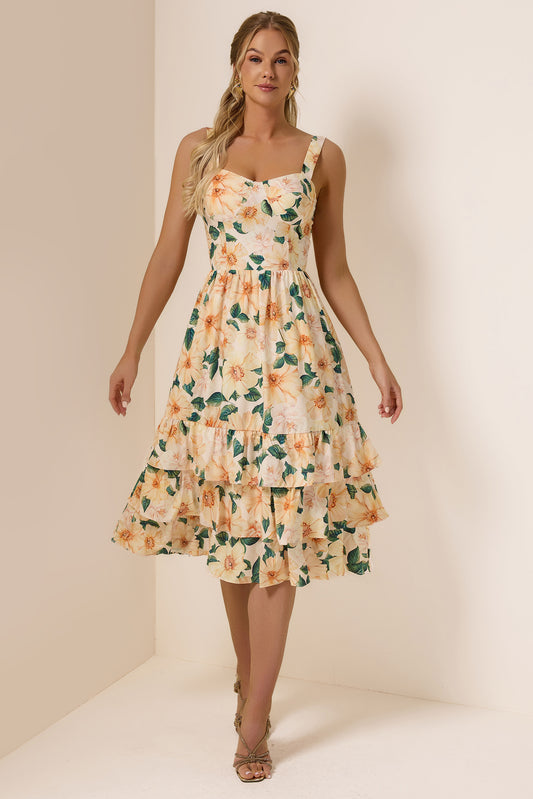 Floral Sleeveless Sweetheart Neck Midi Dress