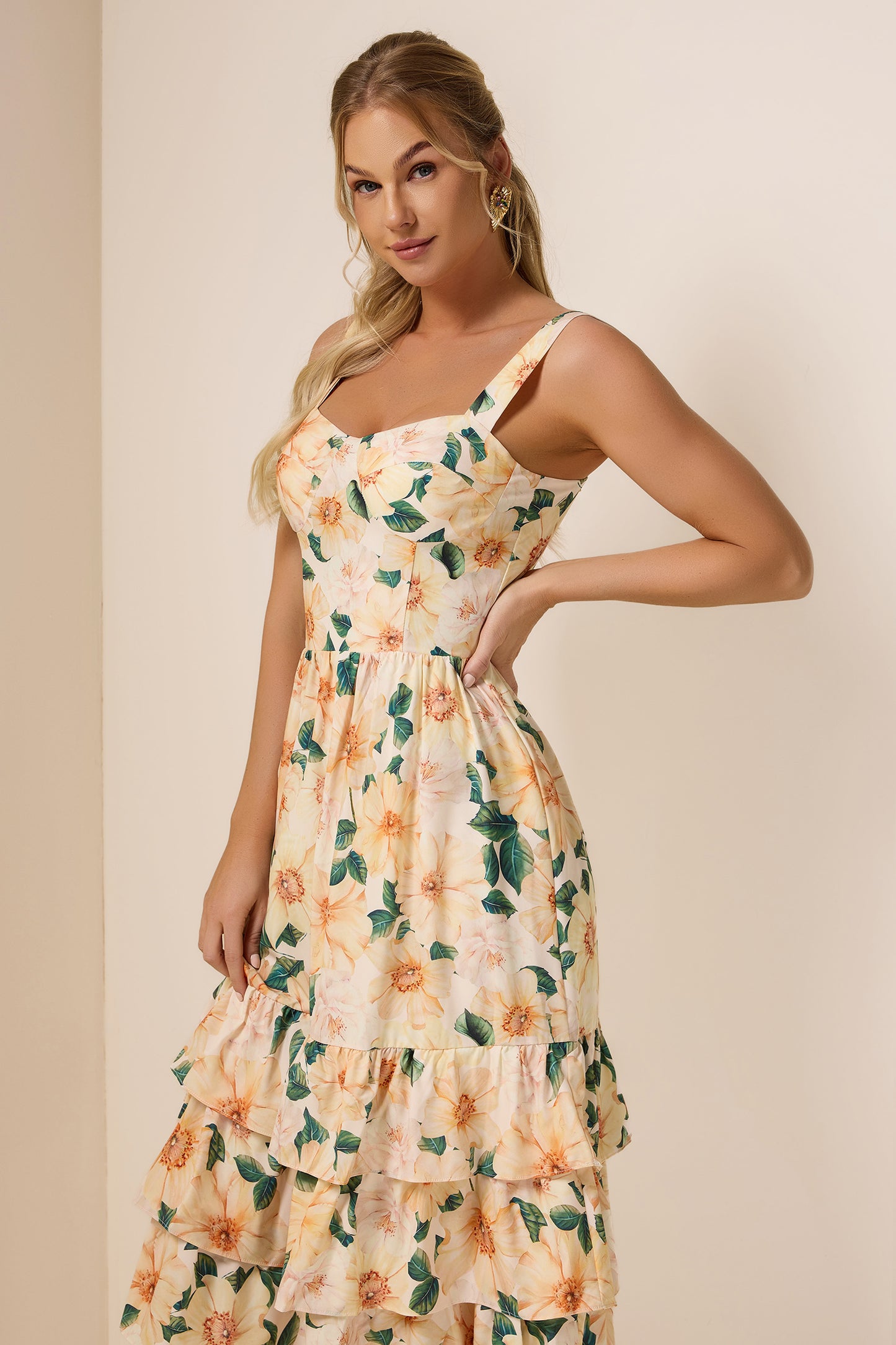 Floral Sleeveless Sweetheart Neck Midi Dress