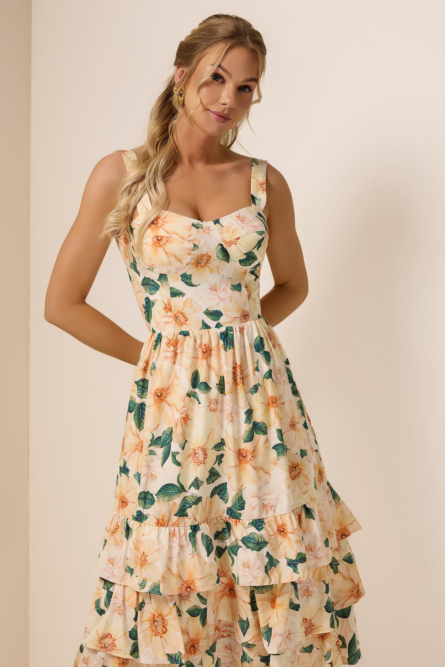 Floral Sleeveless Sweetheart Neck Midi Dress