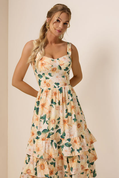 Floral Sleeveless Sweetheart Neck Midi Dress