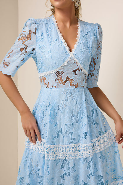 Lace Splicing V-Neck Midi Dress