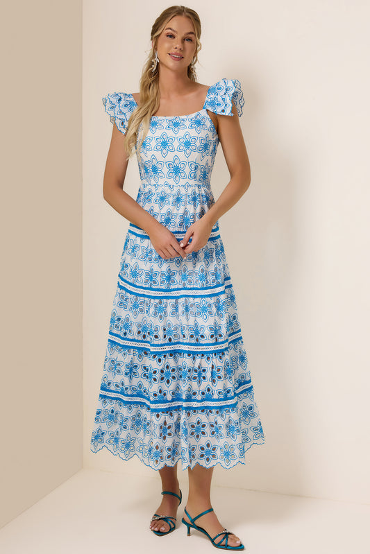 Embroidered Smocking Square Collar Maxi Dress