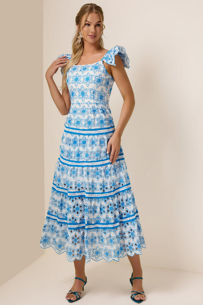 Embroidered Smocking Square Collar Maxi Dress