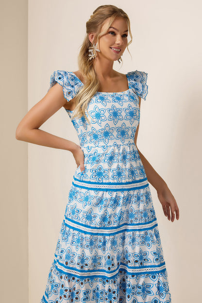 Embroidered Smocking Square Collar Maxi Dress