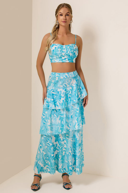 Abstract Print Top ＆ High Waist Ruffle Skirt Set