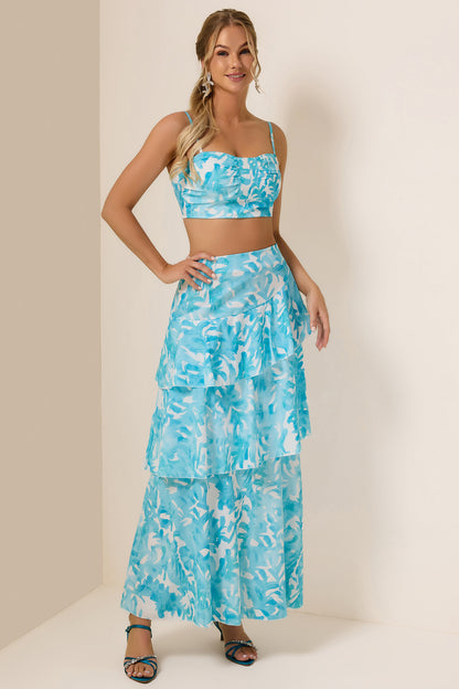 Abstract Print Top ＆ High Waist Ruffle Skirt Set