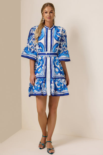 Paisley Print Bell Sleeve Mini Dress With Belt