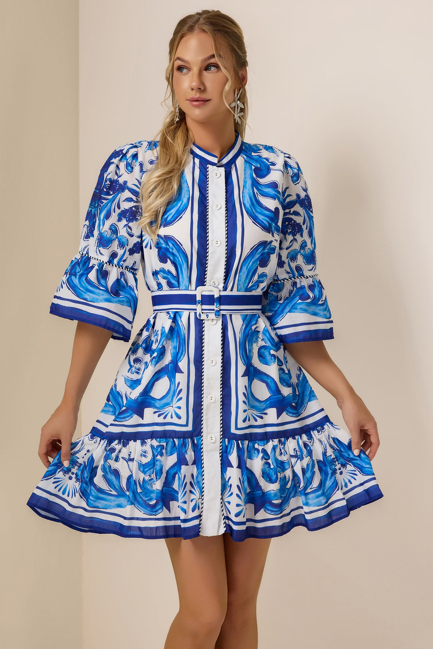 Paisley Print Bell Sleeve Mini Dress With Belt