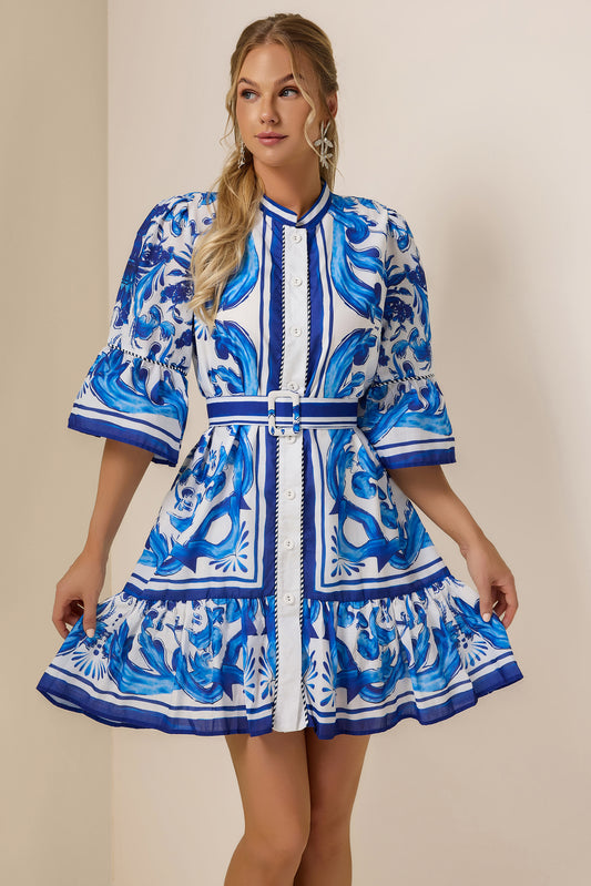 Paisley Print Bell Sleeve Mini Dress With Belt