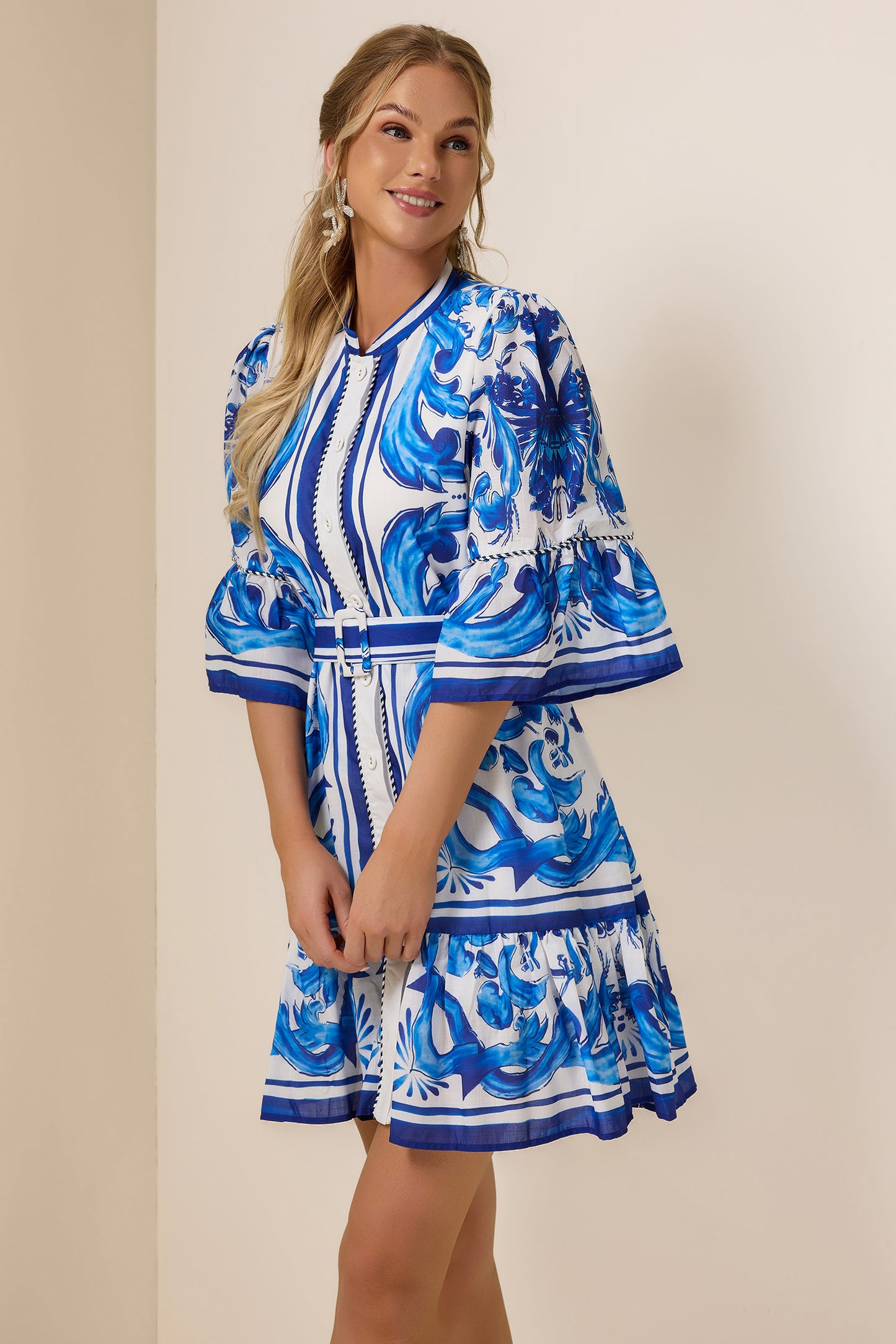 Paisley Print Bell Sleeve Mini Dress With Belt