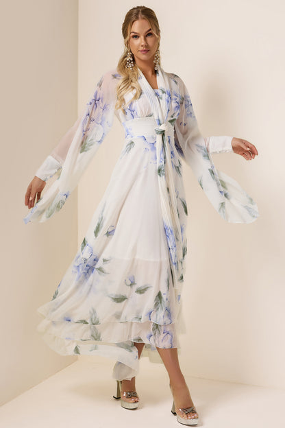 Chiffon Floral Lace Up Maxi Dress