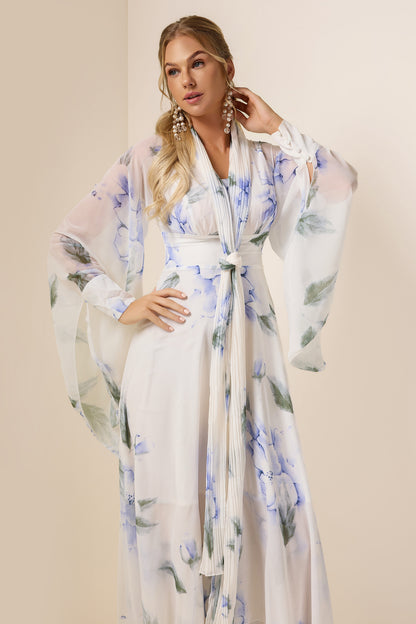 Chiffon Floral Lace Up Maxi Dress