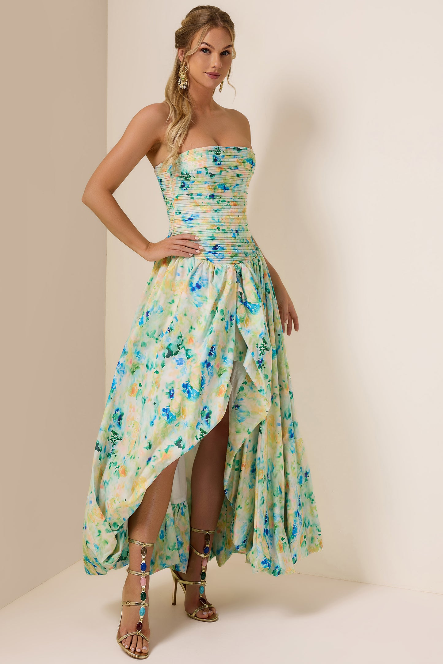 Tie Dye Pleat Split Midi Dress