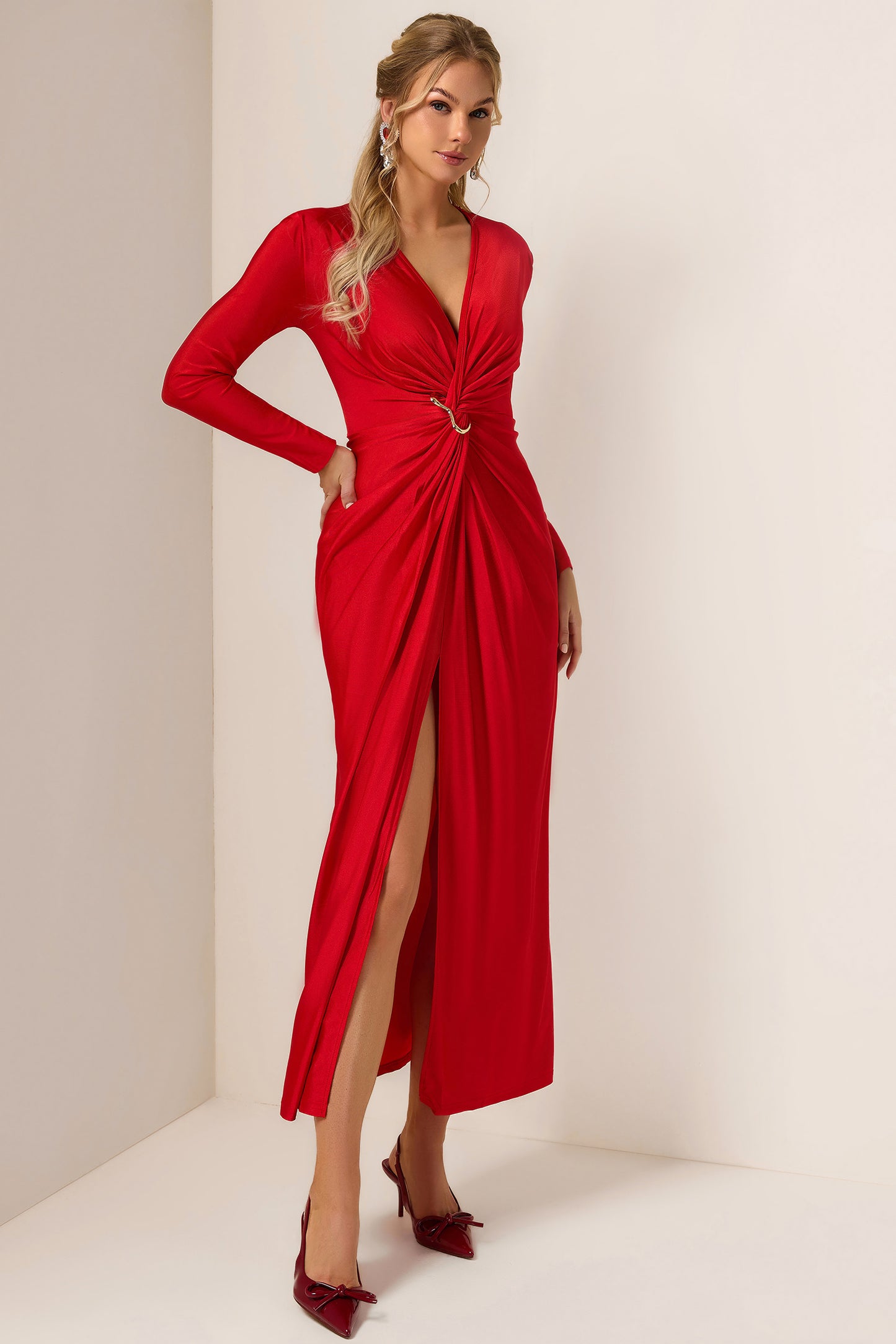 Solid Knotted Jersey Midi Dress