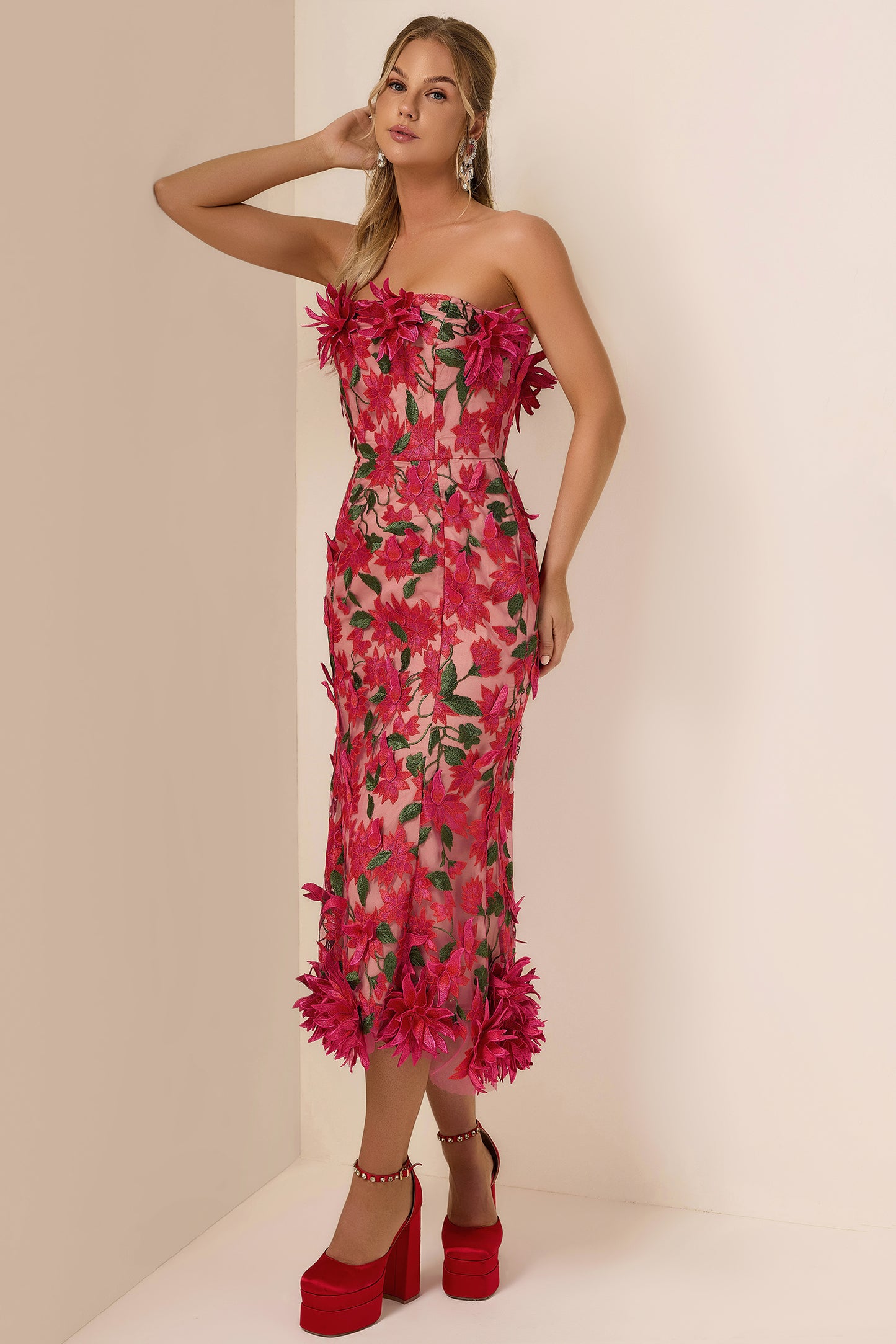 Embroidered 3D Flower Off-Shoulder Midi Dress