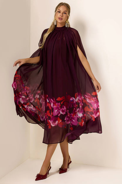 Floral Cape Sleeve Low Neck Maxi Dress