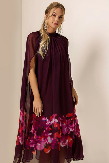 Floral Cape Sleeve Low Neck Maxi Dress