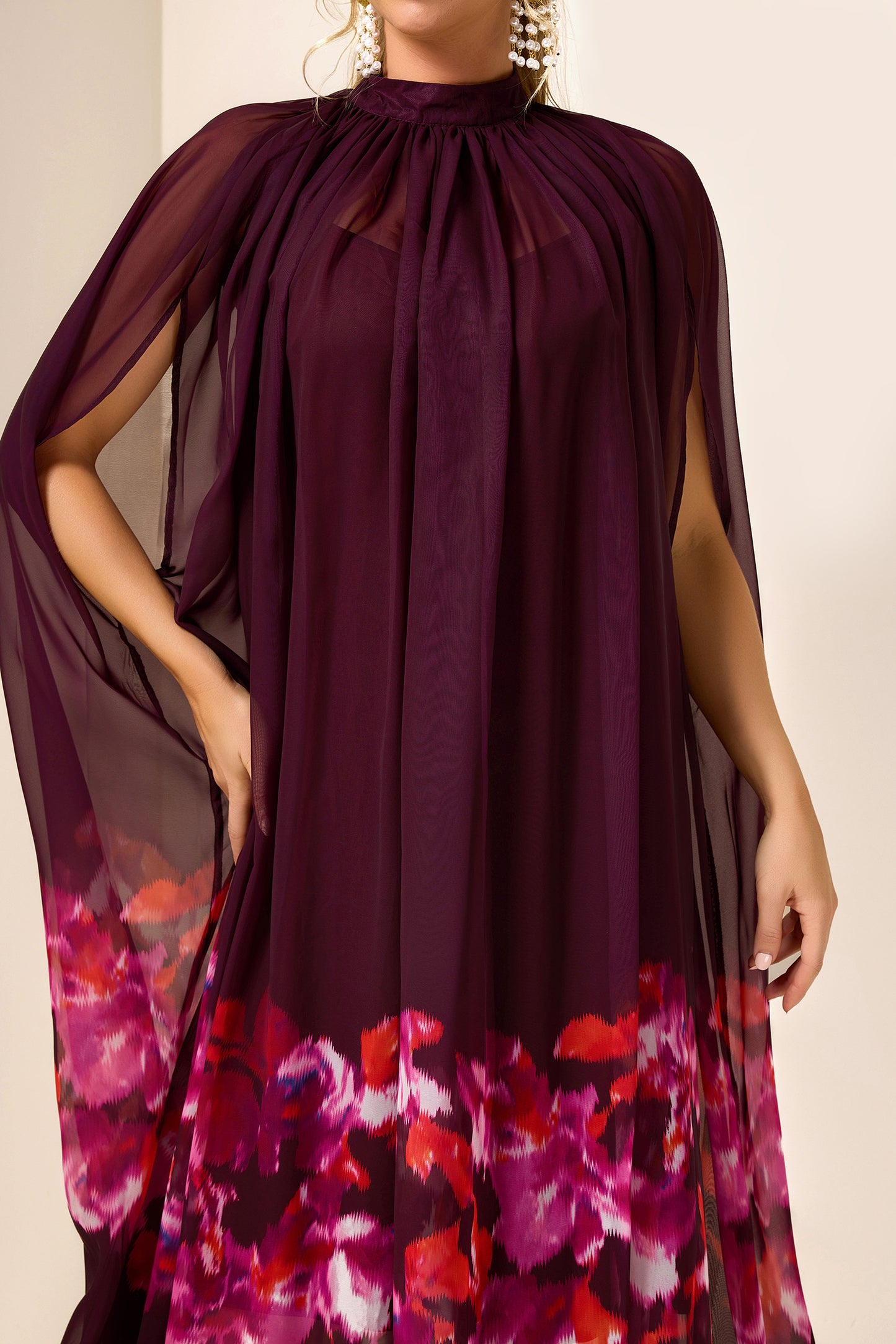 Floral Cape Sleeve Low Neck Maxi Dress
